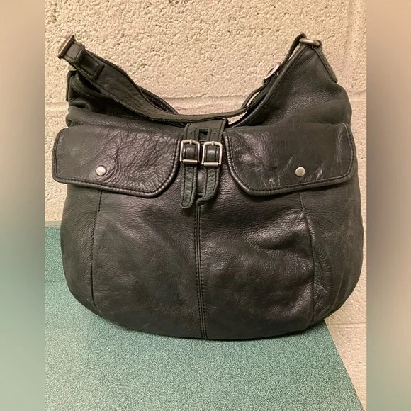 J Crew Leather Bag Purse Black Distressed Bohemian Chic - Picture 3 of 17